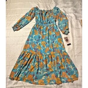SOFIA VERGARA NWT Turquoise Blue Flower Women's Medium S Midi Dress Off Shoulder